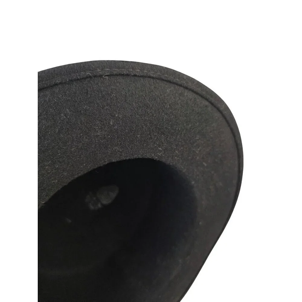 Vintage Black Wool Felt Hat Flat Crown Ribbon Band Formal Dress Hat USA 70s-90s